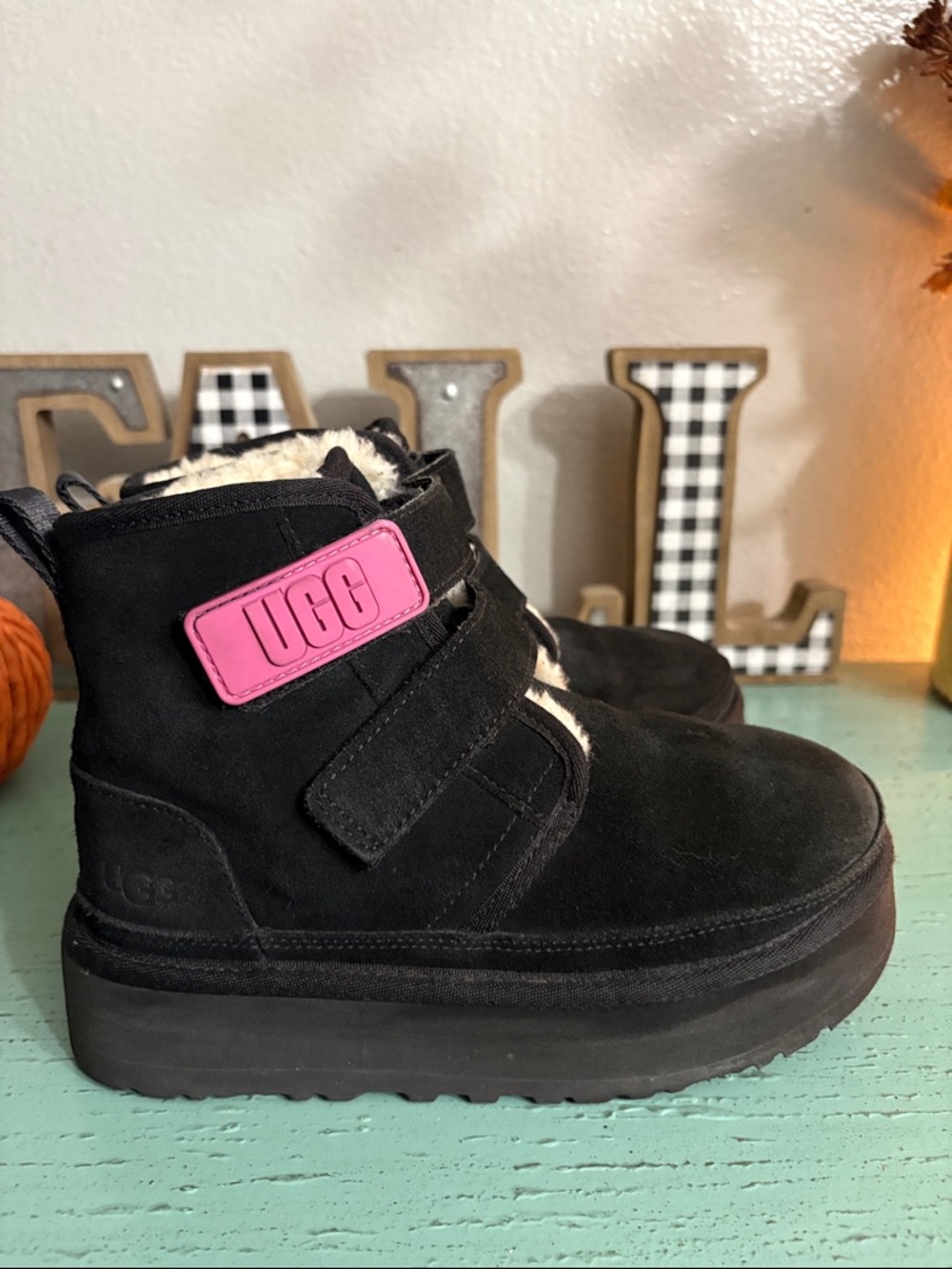 UGG Kids Black Suede Ankle Boots with Pink Logo Patch